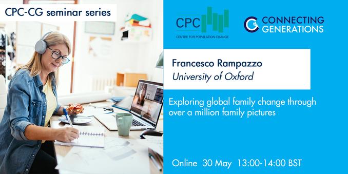 CPC-CG Seminar Series
Francesco Rampazzo, University of Oxford
Exploring global family change through over a million family pictures
Online, 30 May, 13:00-14:00 BST
Image shows a woman sitting at her desk wearing headphones and watching a webinar on a screen, taking notes in a notepad.