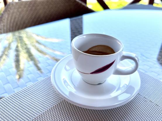 A decent Espresso at the villas restaurant in Aldemar Knossos Royal hotel, where ESWC 2024 is going to take place on May 26-30, 2024. A palm tree is mirrored on the surface of the table…