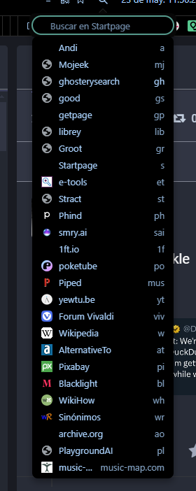 Screenshot of the search engines I use