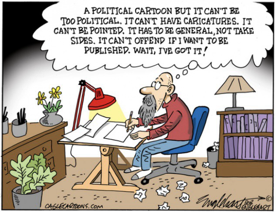 Cartoon of Bob at his drawing board thinking about what to draw:” …it can’t be too political or pointed, can’t take sides, must be general and inoffensive… Wait! - I’ve got it!”