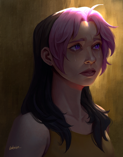 Fan art of Rosé Thomas from the FMA anime. The image is a portrait of Rose, in 3/4 view, as she looks slightly upward. The lighting scheme is dark and muted, but with a very bright light framing the top of her head, making her rose colored bangs shine. Rose has a worried expression with tears streaming down her face.