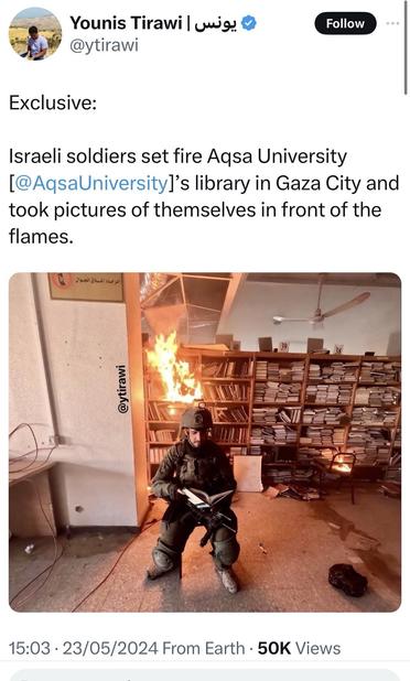 Image description: Israeli occupation soldiers set fire to Gaza’s Al Aqsa University library and took photos of themselves doing it