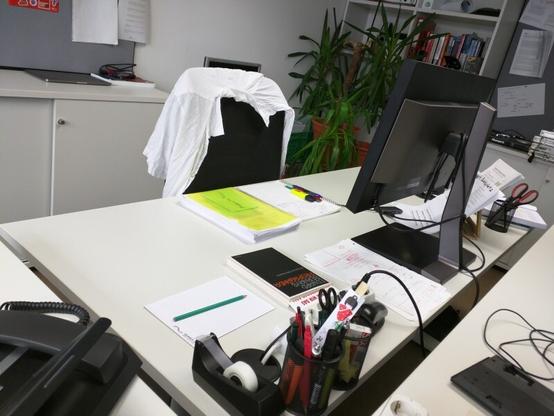 Foto eines Büroarbeitsplatzes. Ein weißes Hemd hängt über der Bürosessellehne. Am Schreibtisch liegen Bücher und Papiere, Büroutensilien wie Stifte, Schere und Tixo. Die Rückseite eines Computermonitors ist zu sehen. Im Hintergrund stehen Pflanzen mit länglichen, schmalen Blättern sowie ein Bücherregal und Pinwände.