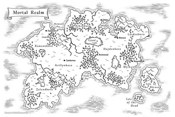 Old-style black and white lineart map drawing of a fictional world