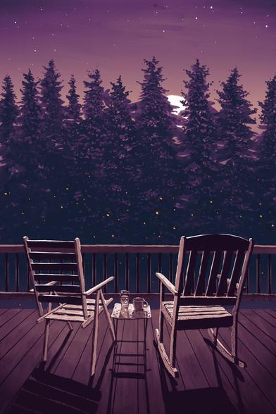 An illustration showing two chairs on a deck at sunset. The right chair is a rocking chair, the left a folding one. Between them is a small, folding table holding two drinks: a glass with ice cubes, and a mug. In the background, cypress trees are silhouetted by the setting sun, visible through their branches. Stars appear at the top of the darkening, violet sky. Fireflies are visible in front of the trees.