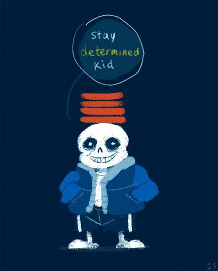 Fanart of Sans from Undertale, hands in the pockets of his blue jacket with 4 hot dogs balanced on his head. There is a speech bubble that says "Stay determined kid."