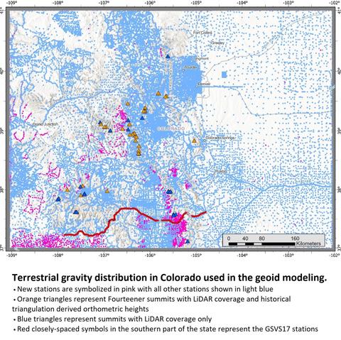 map - Terrestrial gravity distribution in Colorado used in the geoid modeling.
