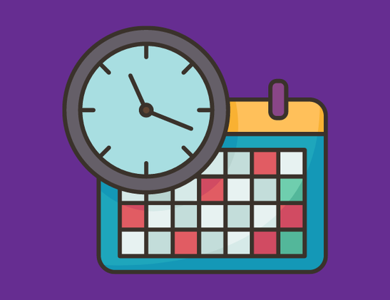 A graphic showing a clock and a calendar on a purple background.