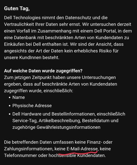 Screenshot einer Email von Dell zu einem Datenabfluss, in dem explizit geschrieben wird, dass kein Emailadressen enthalten waren.