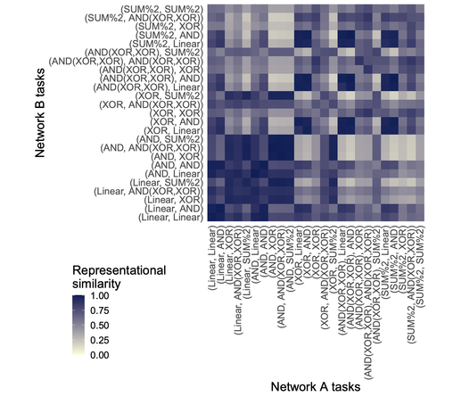 RSA plot showing strong biases (banding patterns), and in some cases stronger similarity between models doing *very different* tasks than models doing the same task.