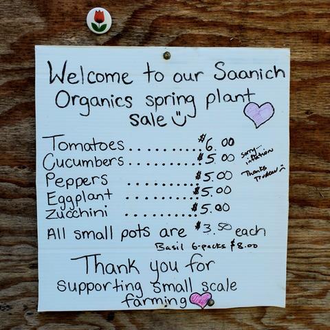 Sign: Saanich Organics Spring plant sale.
Plants & prices lists.
Thank you for supporting small scale farming.