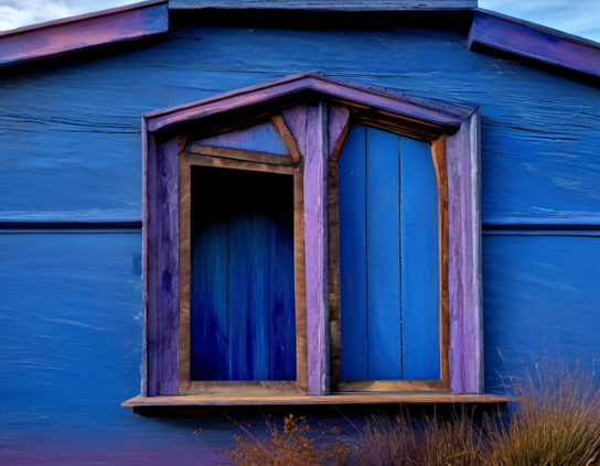 Exterior barn wall, painted in  vivid blue and accented with purple, with weathered wood textures.
