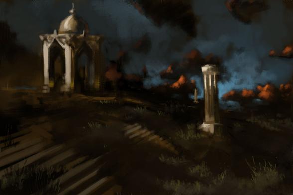 Digital landscape painting of overgrown steps built into the side of a hill leading to a Muslim style building