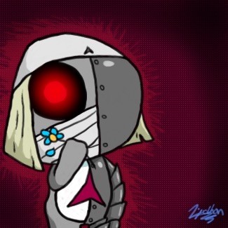 A drawing of Zoruru. Zoruru is located on the left side of the canvas, facing the right. He is holding up a blue flower, with one of its petals falling off, representing a tear drop. His one eye is glowing red. The background is also red, with the colour getting gradually darker to black, further away from Zoruru.