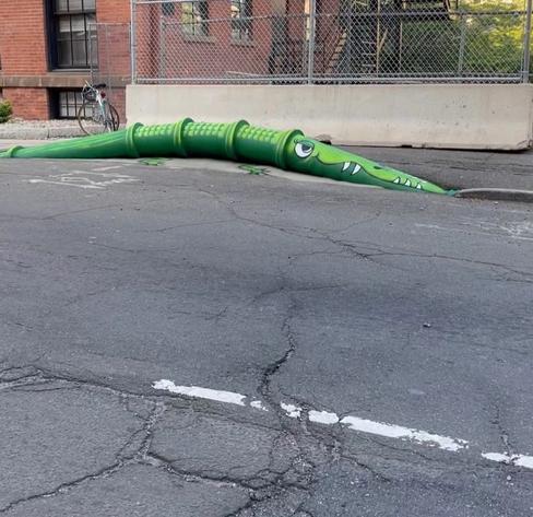 Streetart. An alligator was painted with green spray paint on a wide piece of water pipe that sticks out of the ground and lies flat next to the sidewalk. Now this strange construction is a smiling alligator that seems to feel visibly at home there. 
Info: The strange original water pipe seems to be a permanent feature and can be admired on Google Maps
(@ Connecticut Voices for Children)