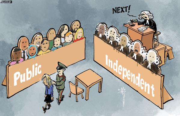 Cartoon about article 10 of the Universal Declaration of Human Rights: Everyone is entitled to a fair and public hearing by an independent tribunal.