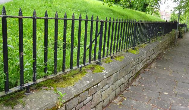 A long stretch of black, wrought-iron park railings