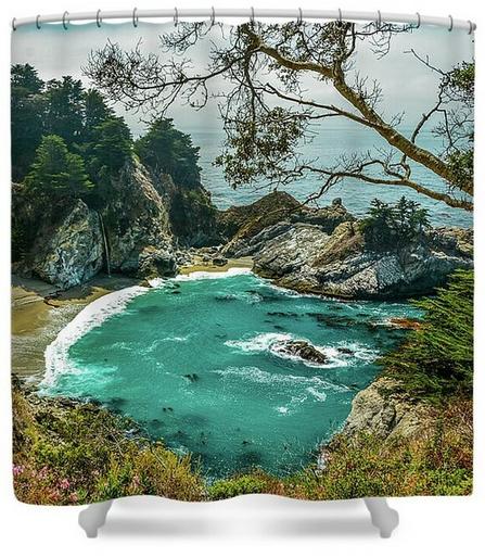 Shower curtain featuring a photograph of McWay Falls in Big Sur, California, showcasing the turquoise cove, waterfall, and lush greenery. Image at: https://beautifulsunphotography.com/featured/seaside-serenity-at-mcway-falls-deb-beausoleil.html?product=shower-curtain See more art & blog at: https://beautifulsunphotography.com/ https://debbeautifulsunphotography.com/ https://www.zazzle.com/store/beautifulsun_designs https://debbeausoleil.com