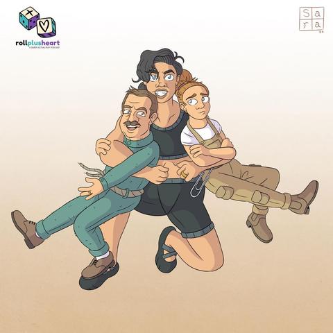 Digital artwork of three characters from Roll Plus Heart's game of 'Under the Floorboards'. In the centre, a muscular, dark haired woman in sports gear has her arms wrapped around the waists of a smaller man on her left in turqoise overalls with a moustache, and a young girl on the right in tan dungarees with lots of pockets. Their legs are flying out to the side.