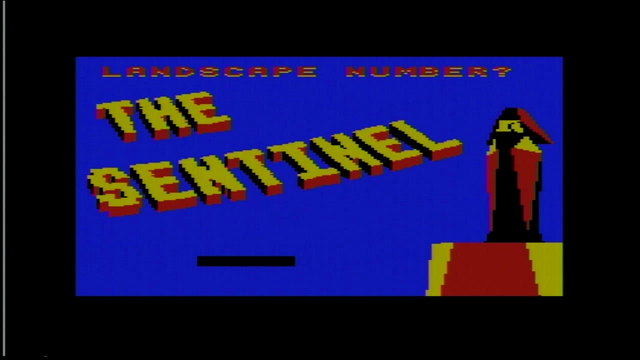 Screenshot of the title screen of the Commodore 64 game "The Sentinel" with the polygon drawn "Sentinel" on the left side of the screen.