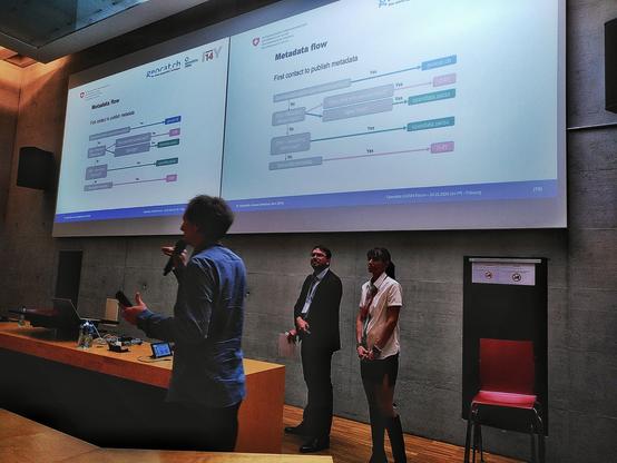 Three presenters explaining Metadata Flow at federal institutions