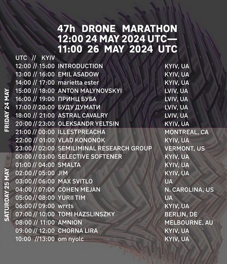 Schedule for 47 hour drone marathon 2