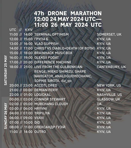 Schedule for 47 hour drone marathon 2
