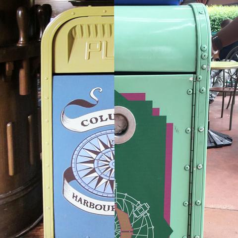 Side-by-side comparison of two colorful trash cans with different designs.
