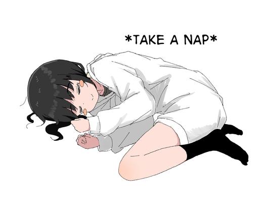 Same girl curled up and sleeping with a smile with caption that says *TAKE A NAP*