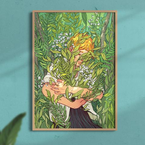 preview of a digital illustration framed on the wall. The print shows a scene with a redhaired women holding her arms in an embrace, covered and surrounded by plants