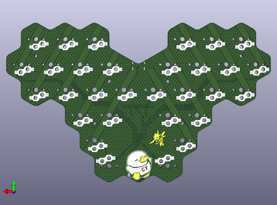 Green PCB for a Keyboard based on hexagonal Keycaps is shown. The PCB has an intricate hexagonal pattern and two artworks; one is a happy duck and the other is similar to the pokemon scyther