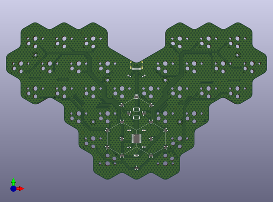 Frontside of the PCB, with components orderd in a hexagonal pattern.