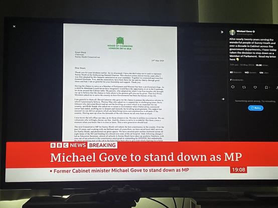 Screenshot of BBC News with the breaking news story: Michael Gove to stand down as MP