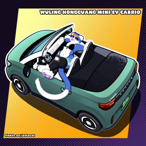 Jetta, a blue and white cat, wears some ripped leggings, short shorts, and a bikini, lounging back inside of a small, topless, pastel soap green microcar. Specifically a Wuling Hongguang Mini EV Cabrio, which sports the 3-spoke wheels from the Mini EV Macaron.