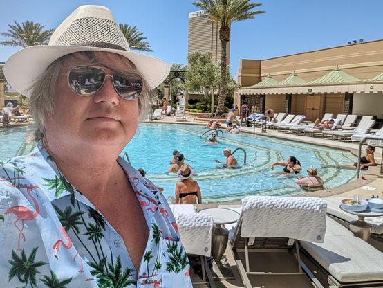 Flamingo and palm tree shirt compliments of my lovely neighbor.  I'm wearing a white panama hat and aviator glasses.  Several people are in the pool behind me.