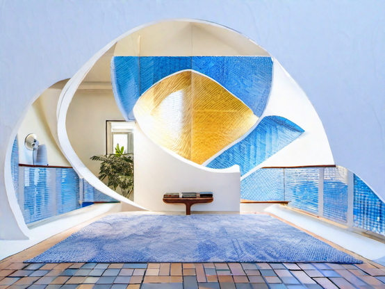 Modern attic room with abstract decor, blue and yellow art, spacious and minimalist open layout, natural light, cozy and contemporary atmosphere.