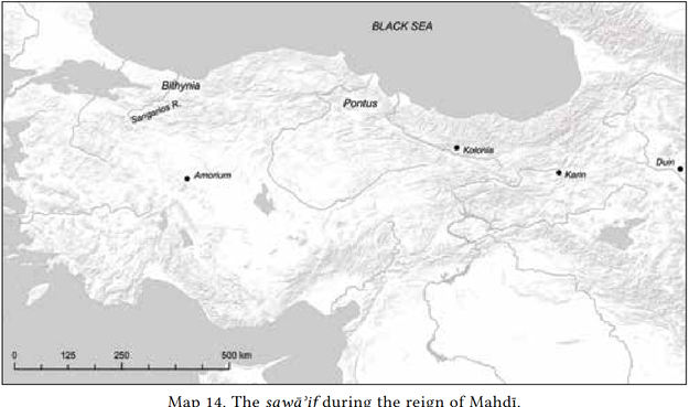 A map showing Anatolia, with the regions of Pontus and Bithynia identified, as well as the cities of Duin, Karin, Kolonia, and Amorium.