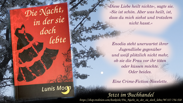 Auf der linken Seite steht:

»Diese Liebe heilt nichts«, sagte sie. »Sie ist schön. Aber was heilt, ist, dass du mich siehst und trotzdem nicht hasst.«

Enodia steht unerwartet ihrer Jugendliebe gegenüber und weiß plötzlich nicht mehr, ob sie die Frau vor ihr töten oder küssen möchte.
Oder beides.

Eine queere Crime-Fiction-Novelette.

Jetzt im Buchhandel, und dann der Verkaufslink aus dem Post.

Hintergrund ist ein Abendbild von einem Kirschbaum in Blüte mit Vollmond im Hintergrund. Auf der rechten Seite ist ein Foto des Buchs eingearbeitet. Es ist überwiegend rot, und ein schwarzer Scherenschnitt eines Ballkleides ist darauf.