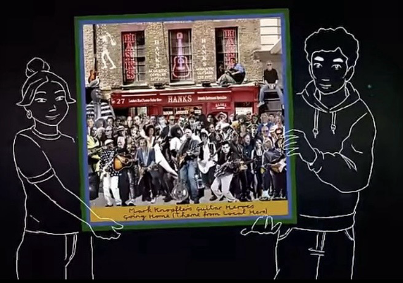 Screenshot from the video: Montage of all musicians contributing : Joan Armatrading, Jeff Beck, Richard Bennett, Joe Bonamassa, Joe Brown, James Burton, Jonathan Cain, Paul Carrack, Eric Clapton, Ry Cooder, Jim Cox, Steve Cropper, Sheryl Crow, Danny Cummings, Roger Daltrey, Duane Eddy, Sam Fender, Guy Fletcher, Peter Frampton, Audley Freed, Vince Gill, David Gilmour, Buddy Guy, Keiji Haino, Tony Iommi, Joan Jett, John Jorgenson, Mark Knopfler, Sonny Landreth, Albert Lee, Greg Leisz, Alex Lifeson, Steve Lukather, Phil Manzanera, Dave Mason, Hank Marvin, Brian May, Robbie McIntosh, John McLaughlin, Tom Morello, Rick Nielsen, Orianthi, Brad Paisley, Nile Rodgers, Mike Rutherford, Joe Satriani, John Sebastian, Connor Selby, Slash, Bruce Springsteen, Ringo Starr and Zak Starkey, Sting, Andy Taylor, Susan Tedeschi and Derek Trucks, Ian Thomas, Pete Townshend, Keith Urban, Steve Vai, Waddy Wachtel, Joe Louis Walker, Joe Walsh, Ronnie Wood, Glenn Worf, Zucchero.