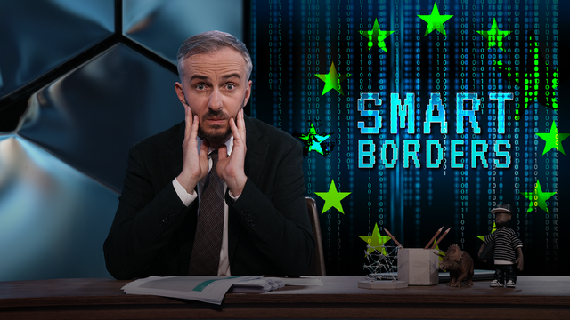 Grafik zeigt Jan Böhmermann, die Sterne der EU-Flagge und darin die Worte "Smart Borders"
