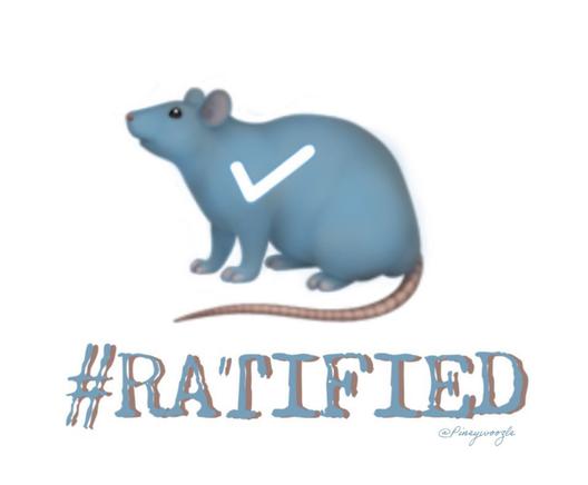 A profile drawing of a Blue rat with pink ears, nose tail and paws and a white checkmark on its side. Under it the word #Ratified and it’s signed @Pineywoozle