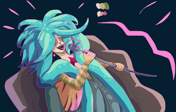 An illustration of the character Scylla from the game Hades 2. She's a siren with pale skin and voluminous blue tentacle hair, with a large coat with tentacle-like shapes falling from her shoulders and arms with fish-like fins. She has a face with a flat nose, dark circles around her pink-sclera eyes and sharp teeth twisted into a smile as she sings into a staff-like microphone. The drawing is outlined by bright pink used to highlight her and her hair is especially carefully shaded with bubble-like highlights and deep blue shadows.