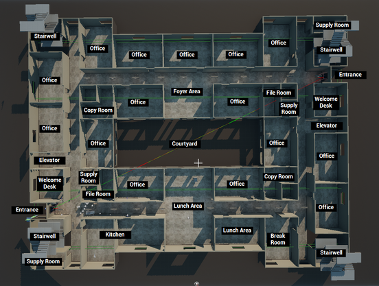 An aerial overview of the old map for my game. This screenshot shows only the first floor. Every room is labeled with what its intended purpose was.