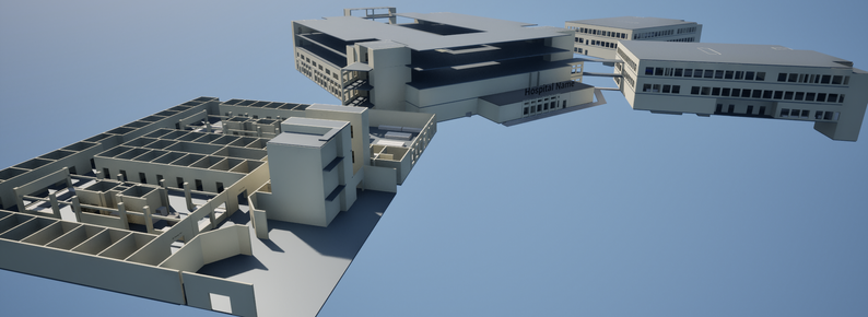 An overview screenshot of the new map for my game, which is very much incomplete. The nearest building is B-building, the one in the middle is A-building (the main building I am talking about in this post), and the one on the right is the C-building.

There is also a copy of C-building in the background which should be disregarded.