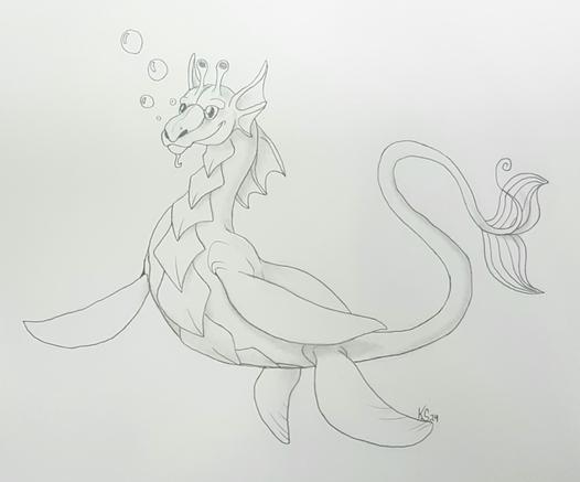 A photo of a pencil drawing showing a nessie like sea creature with four fins, a long neck and a long tail.