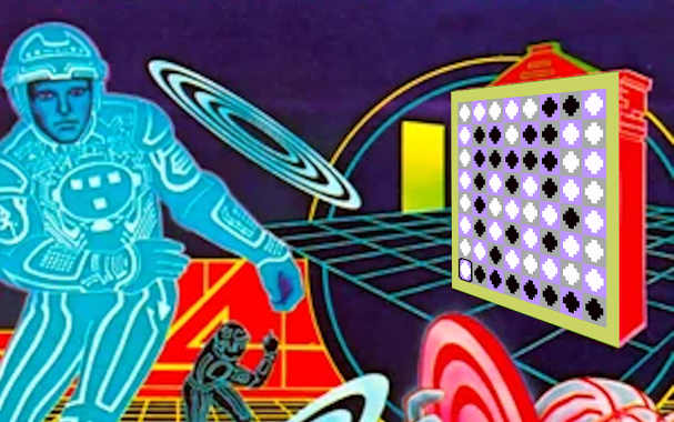 Detail from the cover art for the Intellivision game Tron: Deadly Discs, with a screen shot from Intellivision's Reversi game covering the Recognizer.
