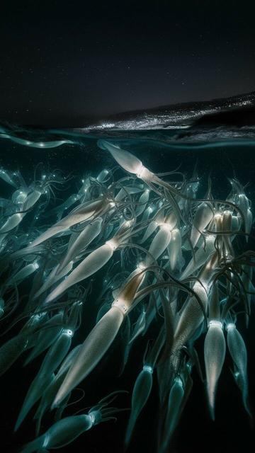 ②« Generated by ideogramai »
(Underwater photo of firefly squid glowing in the dark sea) A swarm of firefly squid glows pale blue above the waves. The coast on a dark night sparkles like a starry sky, creating a truly fantastical scene., wildlife photography