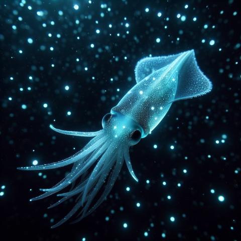 ③«Create by Bing Image Creator»
(Underwater photo of a glowing firefly squid in the dark sea) The firefly squids shines pale blue in the sea.