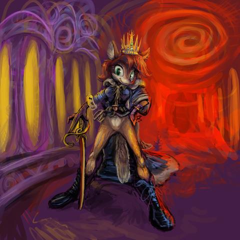 regal partially-dressed chipmunk person in an inadvertently creepy reddish hallway lined with windows showing yellow nothing outside