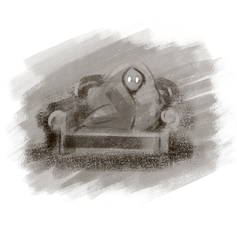 Grobe Zeichnung eines Wesens, der in einer Decke eingewickelt auf der Couch sitzt, die Umgebung ist dunkel, nur die Augen glühen aus der Dunkelheit hervor.